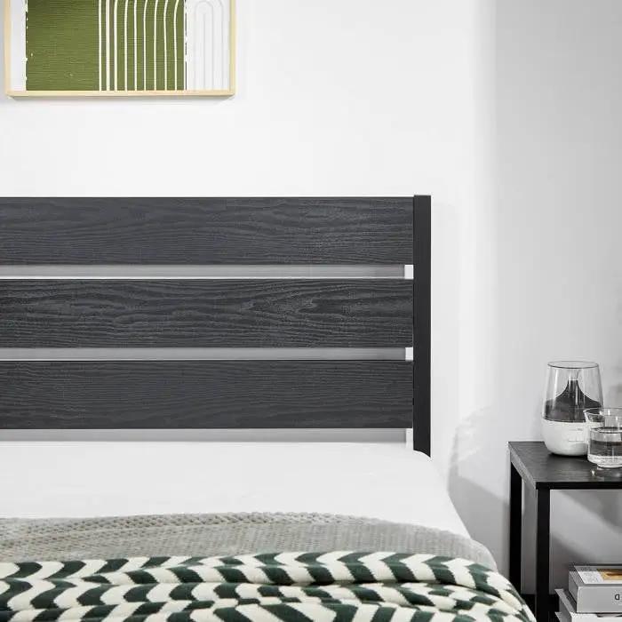 Twin size Industrial Platform Bed Frame with Wood Slatted Headboard in Black by HomePacific