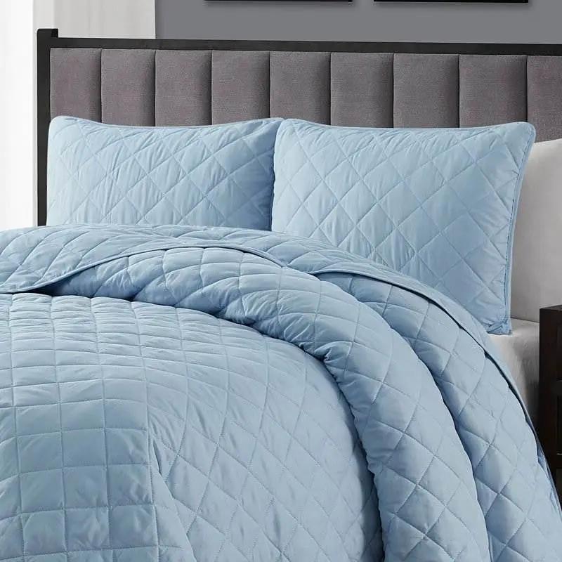 Twin/Twin XL 2-Piece Light Blue Microfiber Reversible Diamond Quilt Set by HomePacific