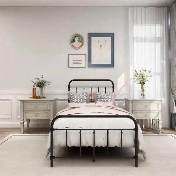 Twin size Farmhouse Black Metal Bed Frame with Rounded Headboard Footboard by HomePacific