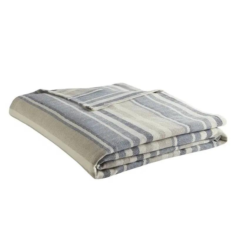 Twin size Navy Blue Tan Cream Chevron Stripe Lightweight Cotton Blanket by HomePacific
