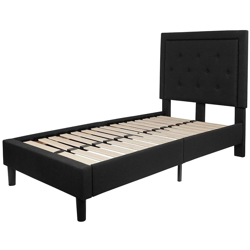 Twin Black Fabric Upholstered Platform Bed Frame with Tufted Headboard by HomePacific