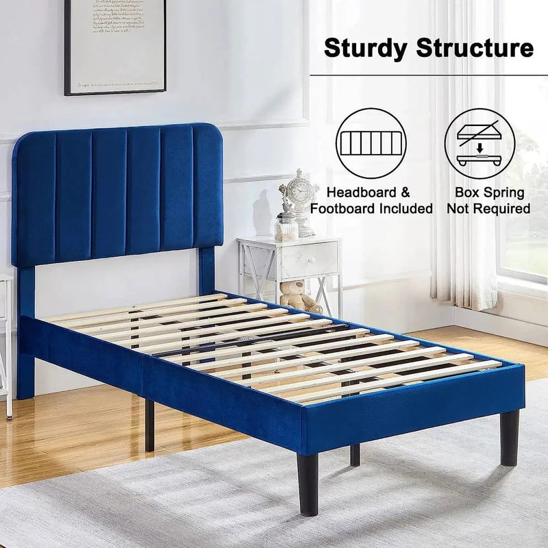Twin size Blue Upholstered Platform Bed Frame with Headboard by HomePacific