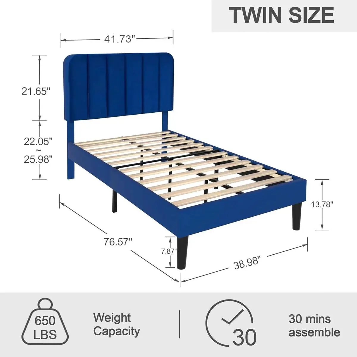 Twin size Blue Upholstered Platform Bed Frame with Headboard by HomePacific