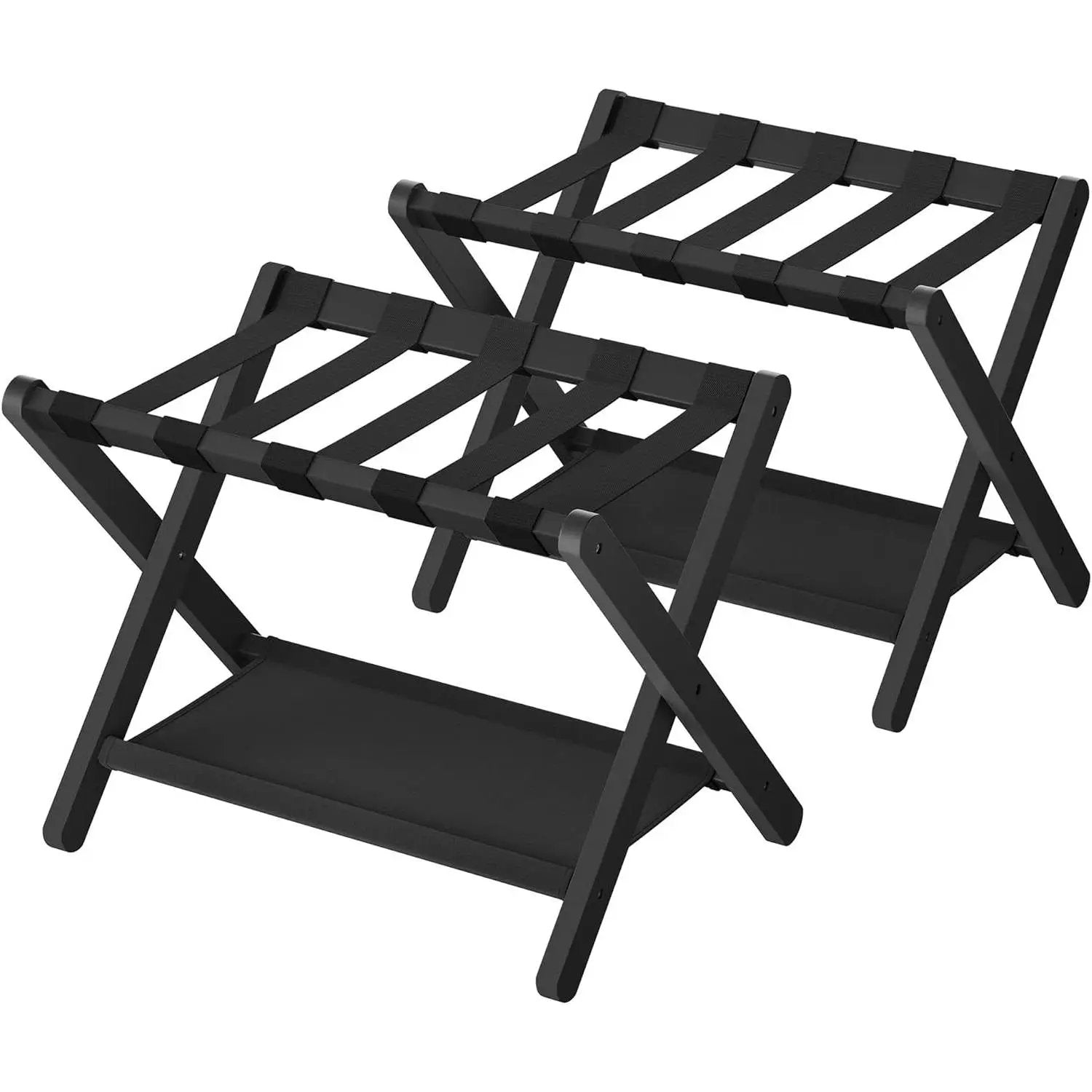Set of 2 - Sturdy Bamboo Luggage Rack in Black Wood Finish with Lower Storage Shelf by HomePacific