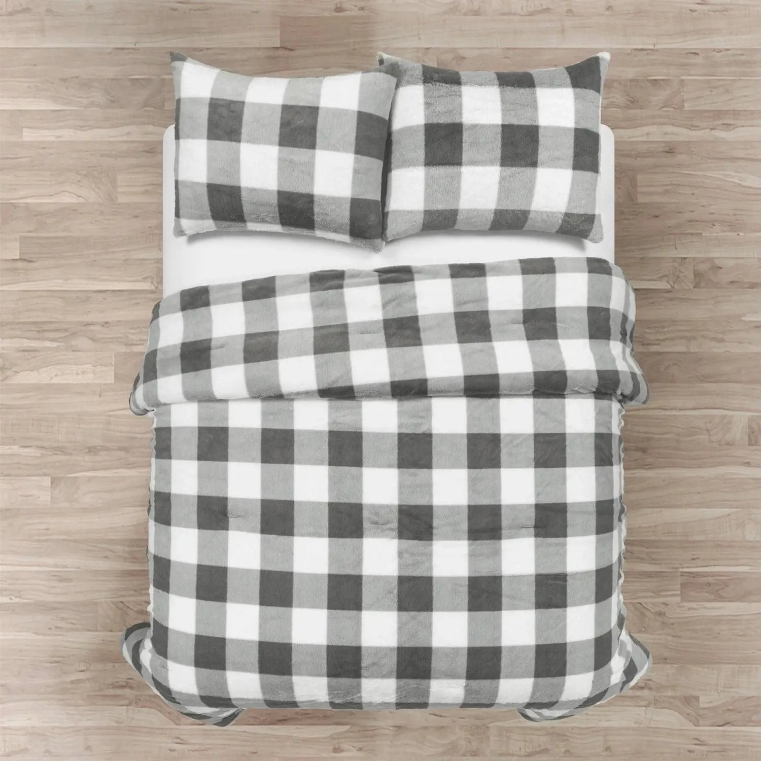 Twin Size Plaid Soft Faux Fur Comforter Set in Black White Grey by HomePacific