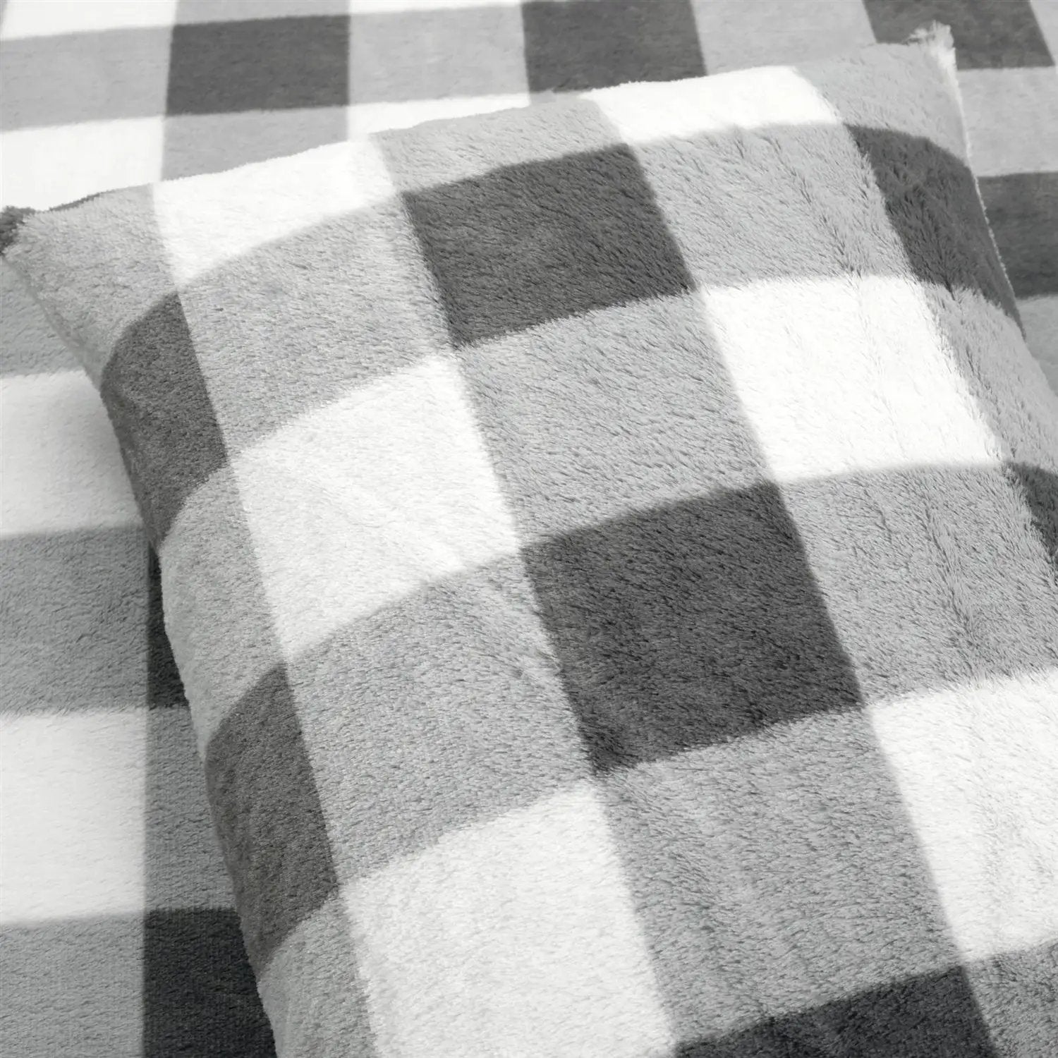 Twin Size Plaid Soft Faux Fur Comforter Set in Black White Grey by HomePacific