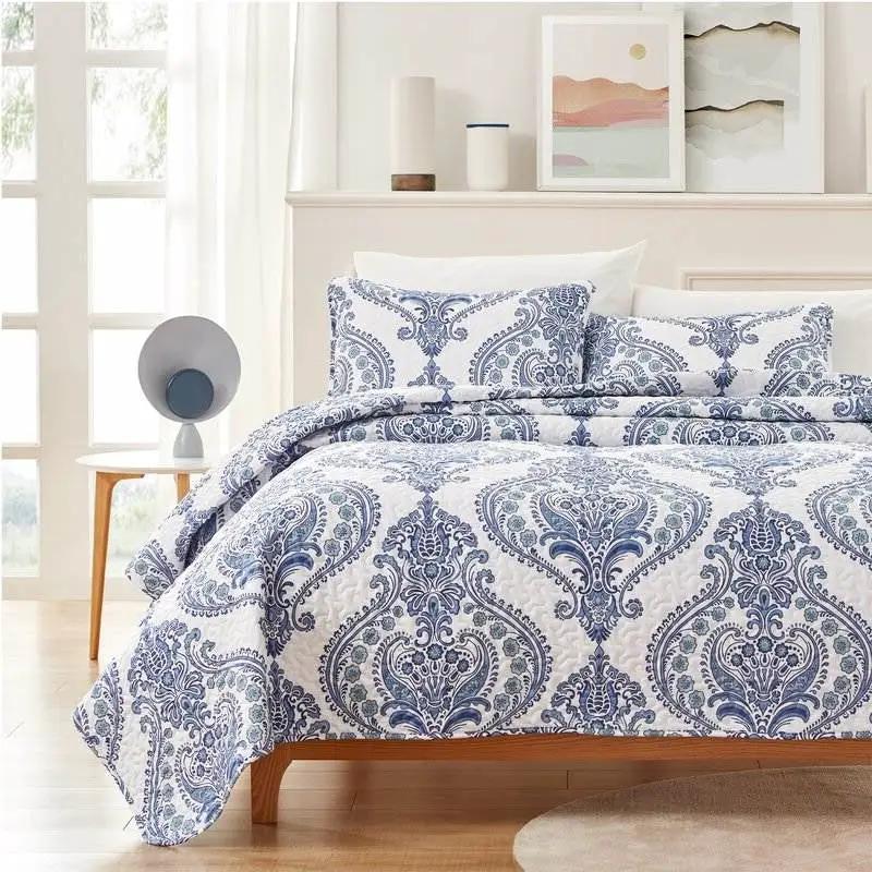 Twin Size Soft Microfiber Reversible Blue/White Baroque Floral Design Quilt Set by HomePacific