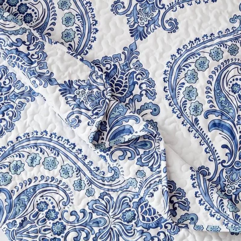Twin Size Soft Microfiber Reversible Blue/White Baroque Floral Design Quilt Set by HomePacific