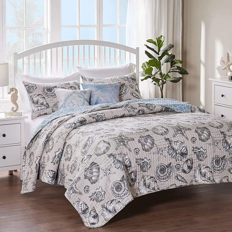 Twin/Twin XL size 2 Piece Microfiber Beach Shells Coastal Reversible Quilt Set by HomePacific