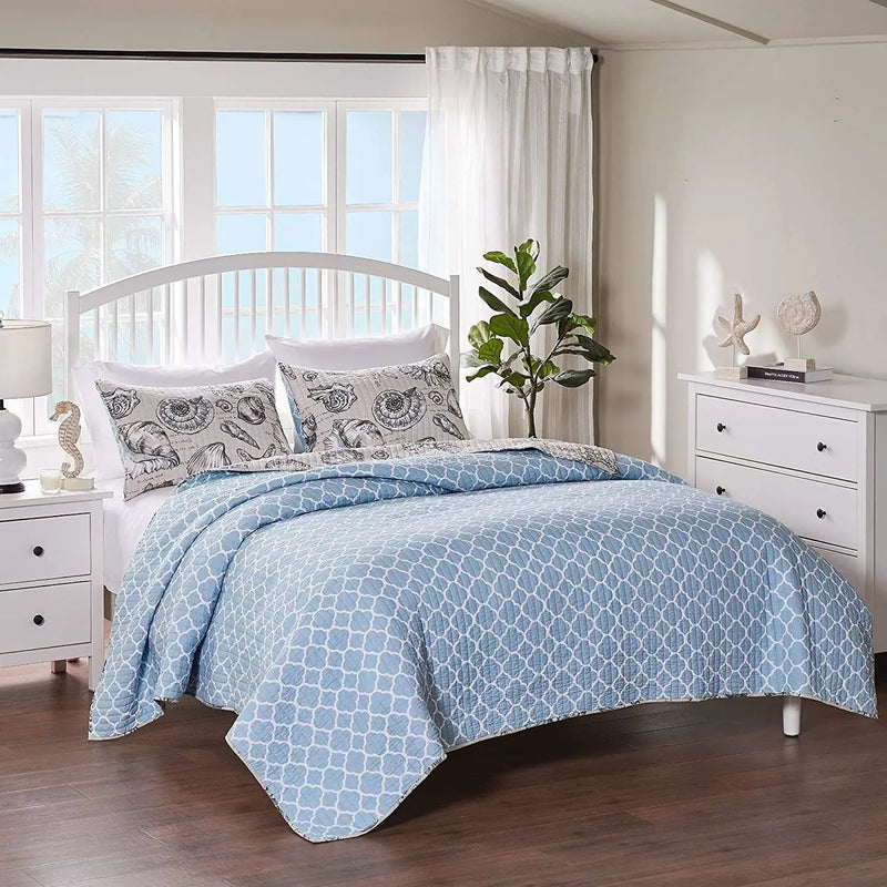 Twin/Twin XL size 2 Piece Microfiber Beach Shells Coastal Reversible Quilt Set by HomePacific