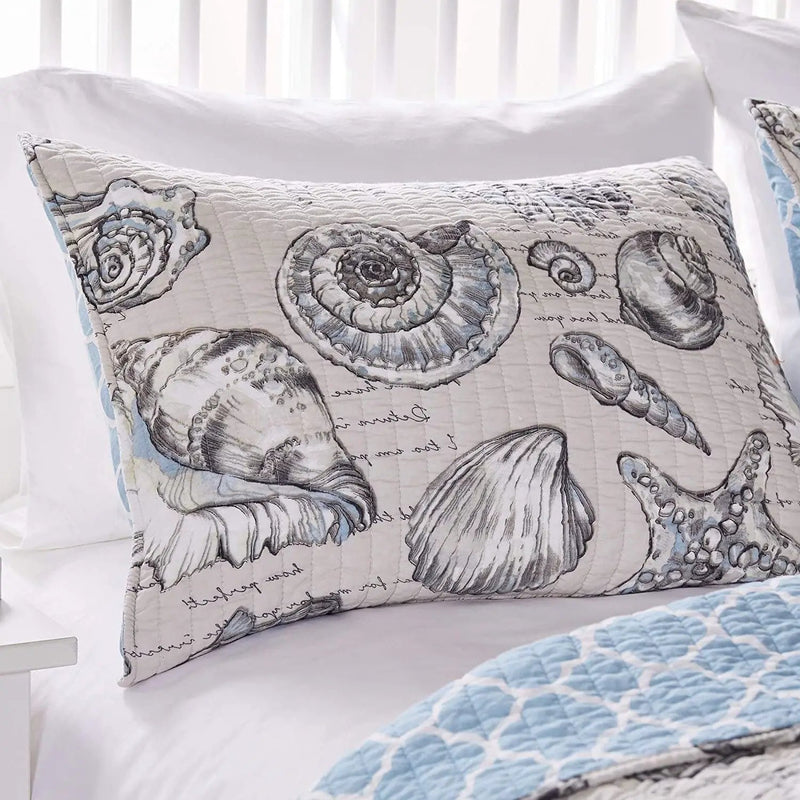 Twin/Twin XL size 2 Piece Microfiber Beach Shells Coastal Reversible Quilt Set by HomePacific