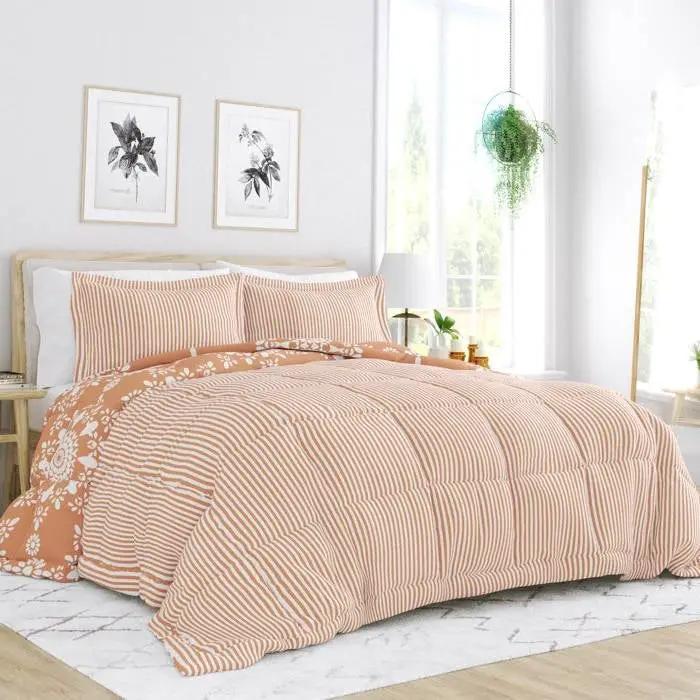 Twin 2 Piece Clay and White Reversible Daisy Medallion Striped Comforter Set by HomePacific