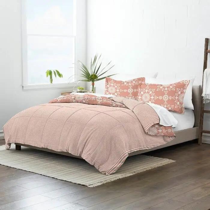 Twin 2 Piece Clay and White Reversible Daisy Medallion Striped Comforter Set by HomePacific