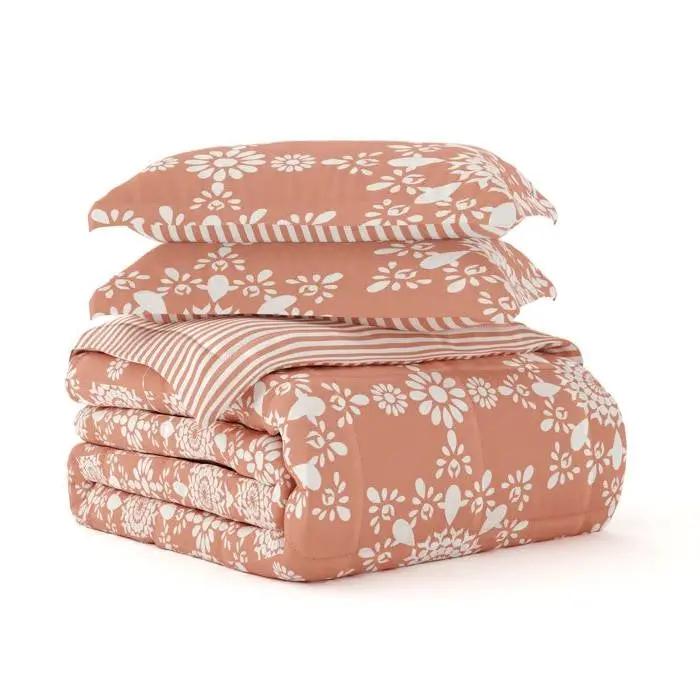 Twin 2 Piece Clay and White Reversible Daisy Medallion Striped Comforter Set by HomePacific