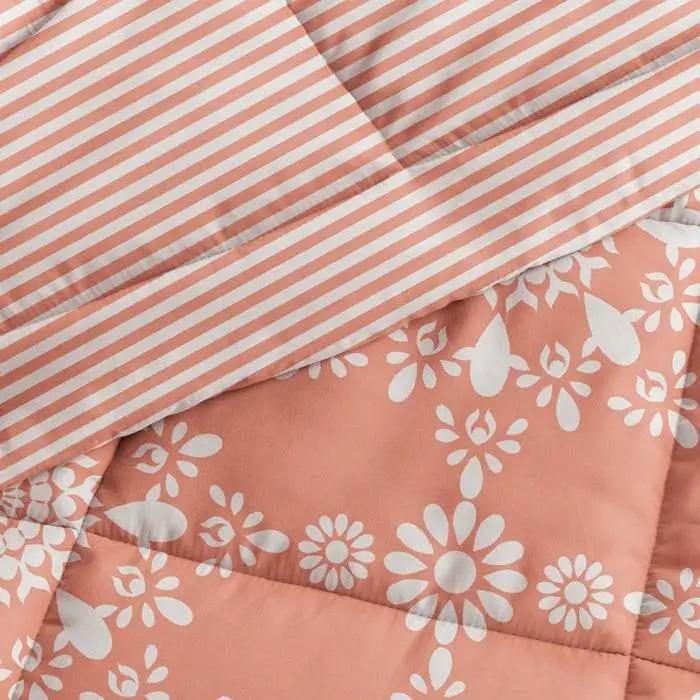 Twin 2 Piece Clay and White Reversible Daisy Medallion Striped Comforter Set by HomePacific