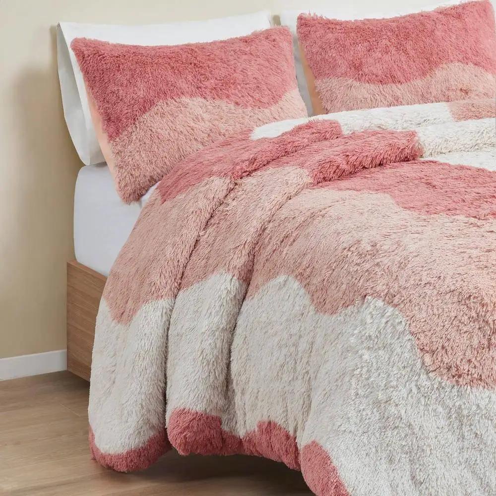 Twin/Twin XL Pink Blush White Reversible Soft Sherpa Faux Fur 2-PC Comforter Set by HomePacific