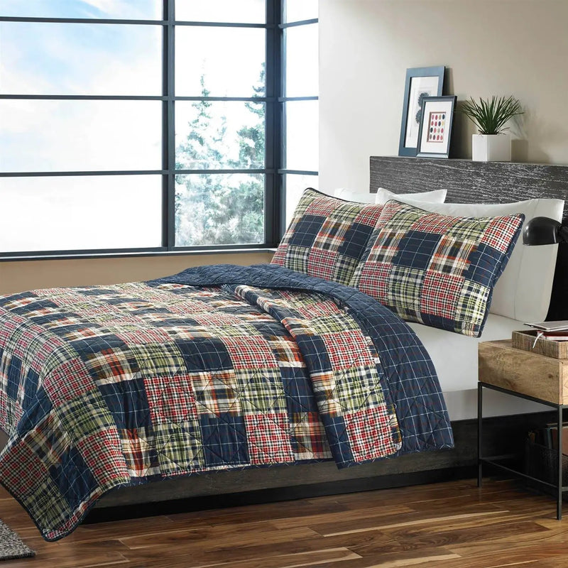 Twin size Farmhouse Red Navy Plaid 100-Percent Cotton Reversible Quilt Set by HomePacific