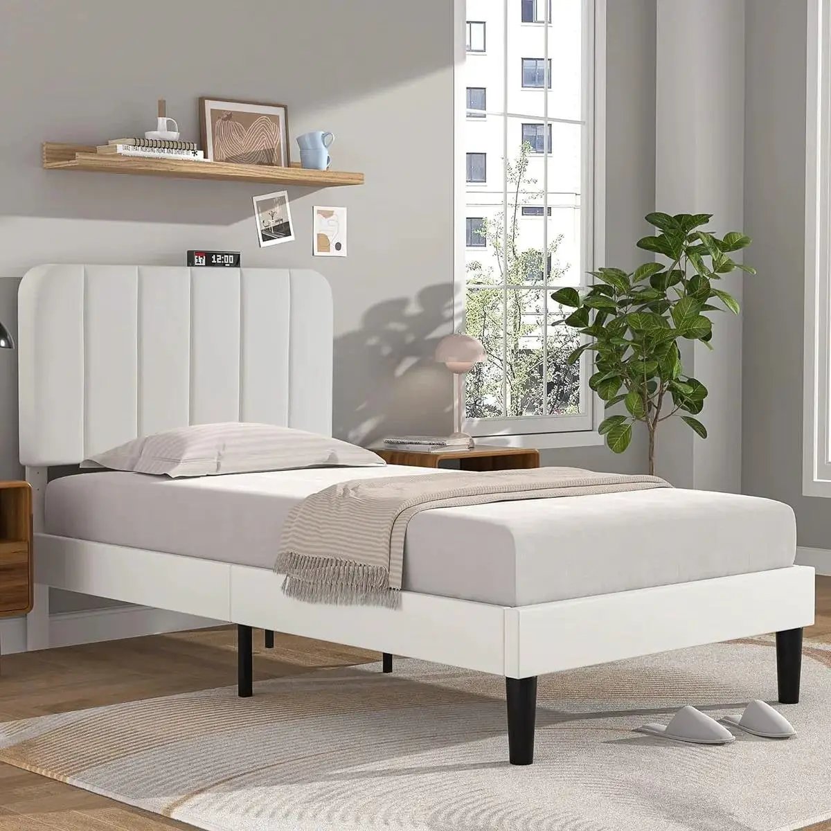Twin size White Upholstered Platform Bed Frame with Headboard by HomePacific
