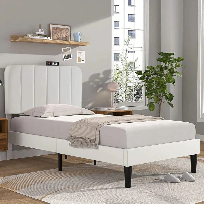 Twin size White Upholstered Platform Bed Frame with Headboard by HomePacific