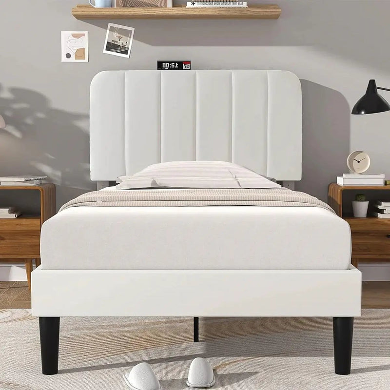 Twin size White Upholstered Platform Bed Frame with Headboard by HomePacific