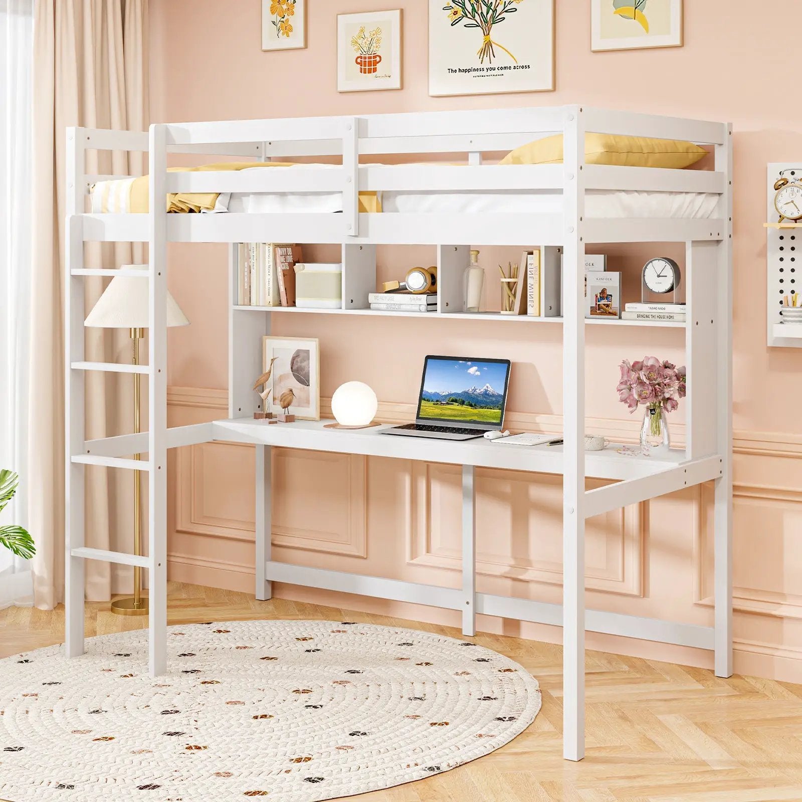 Twin Loft Bed with Desk and Shelves - White by DirectDeals