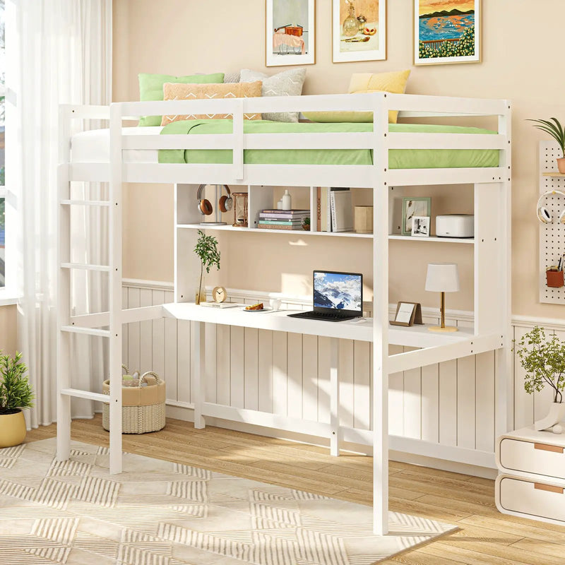 Twin Loft Bed with Desk and Shelves - White by DirectDeals