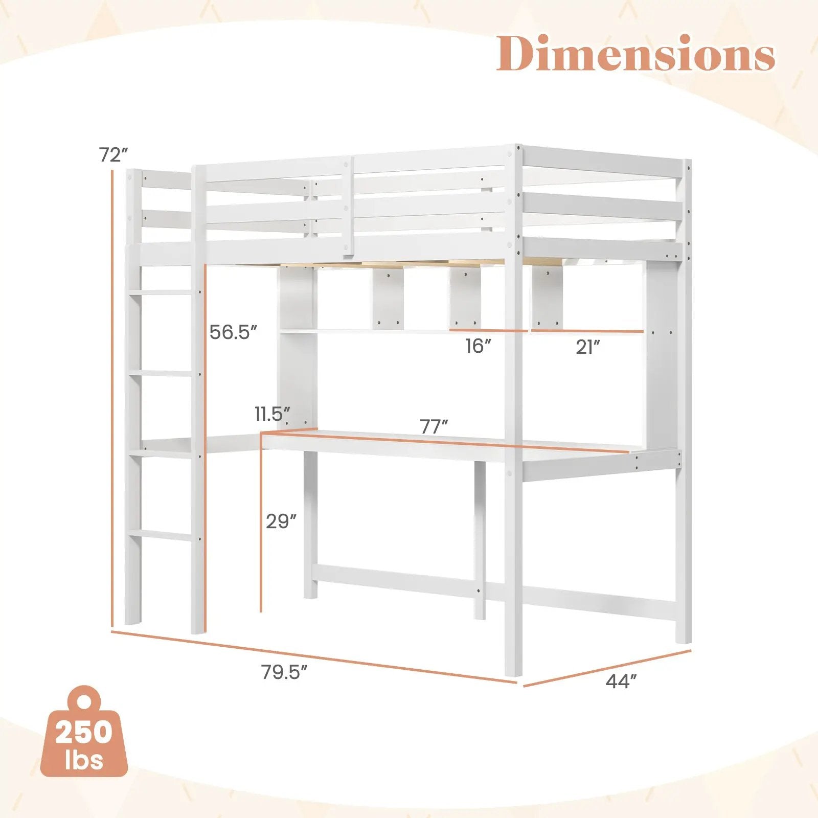 Twin Loft Bed with Desk and Shelves - White by DirectDeals