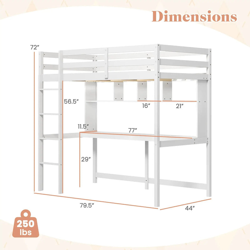 Twin Loft Bed with Desk and Shelves - White by DirectDeals