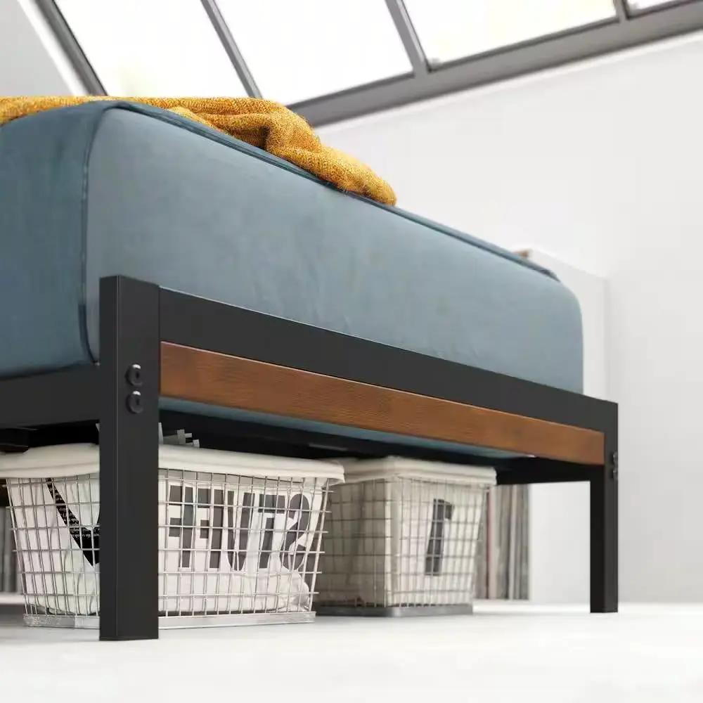Twin Student Dorm Black Metal Platform Bed Frame with Brown Wood Slat Headboard by HomePacific