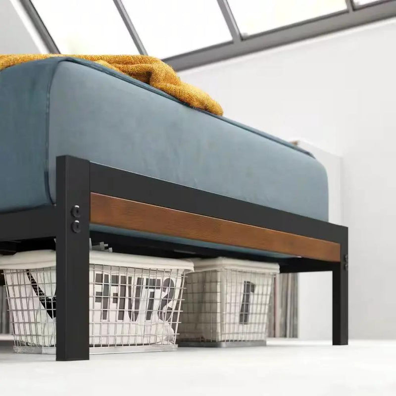 Twin Student Dorm Black Metal Platform Bed Frame with Brown Wood Slat Headboard by HomePacific