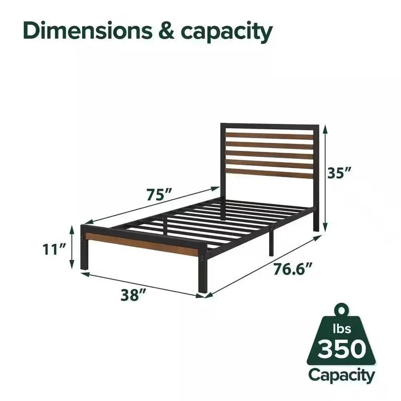 Twin Student Dorm Black Metal Platform Bed Frame with Brown Wood Slat Headboard by HomePacific