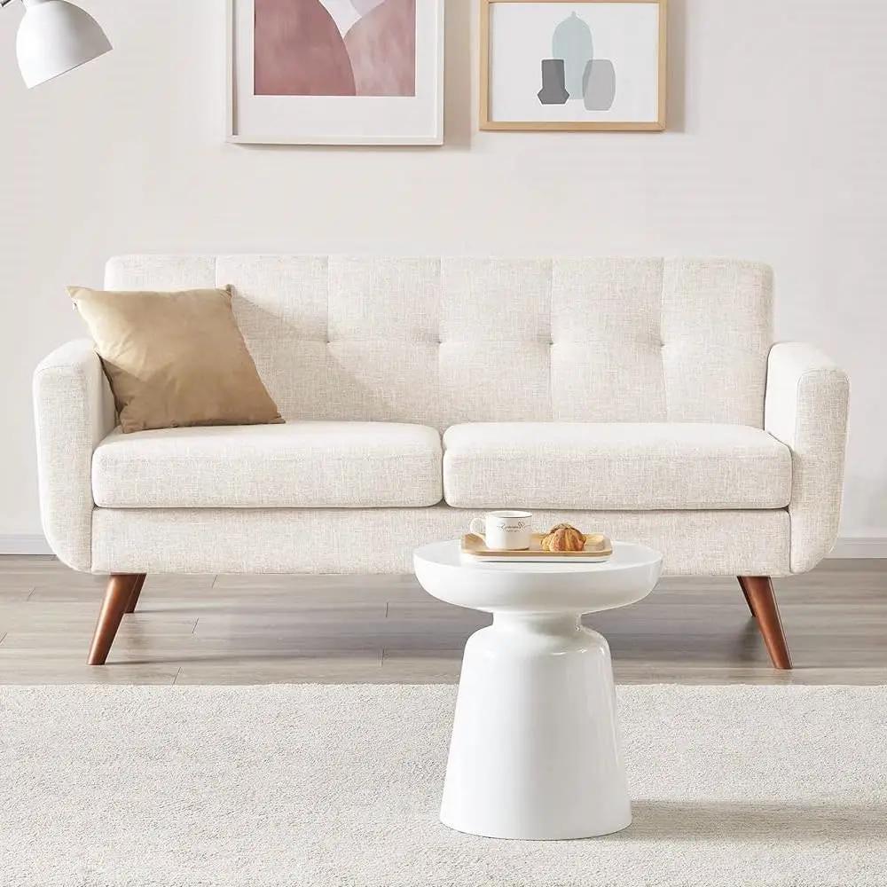 Modern Mid-Century Beige Cotton Polyester Upholstered Sofa Loveseat by HomePacific