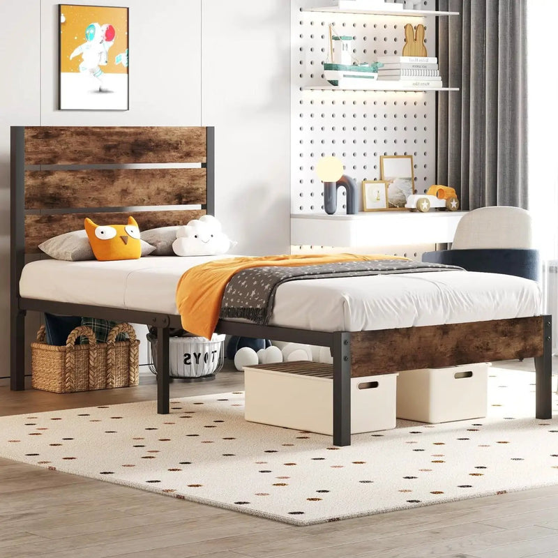 Twin size Modern Farmhouse Metal Platform Bed Frame with Brown Wood Headboard by HomePacific