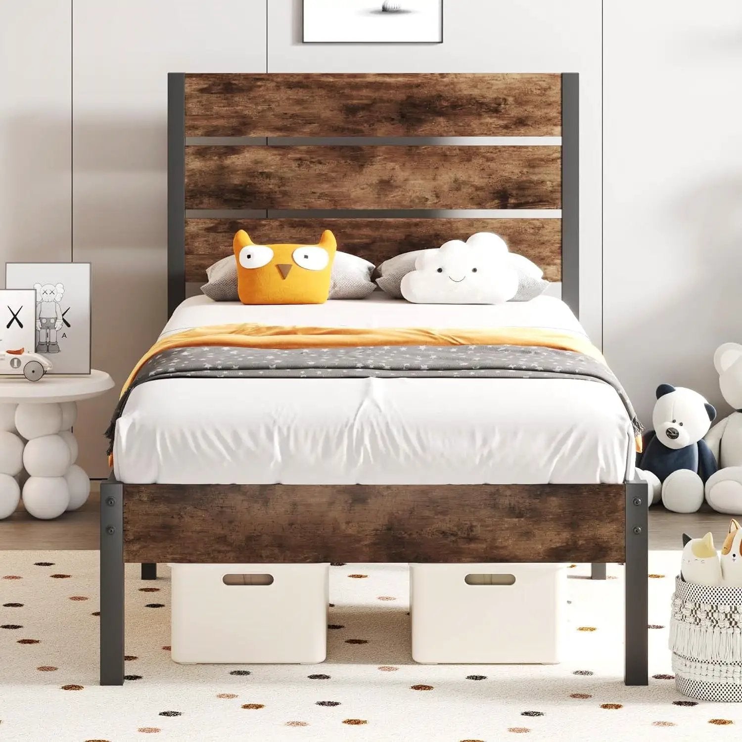 Twin size Modern Farmhouse Metal Platform Bed Frame with Brown Wood Headboard by HomePacific