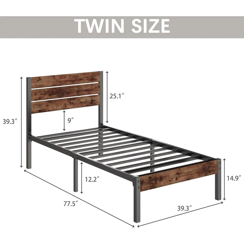 Twin size Modern Farmhouse Metal Platform Bed Frame with Brown Wood Headboard by HomePacific