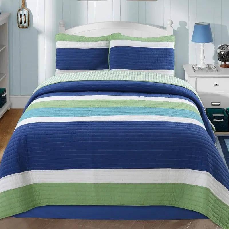 Twin Size Navy Blue/Green/Teal/White Stripe 100-Percent Cotton Quilt Set by HomePacific