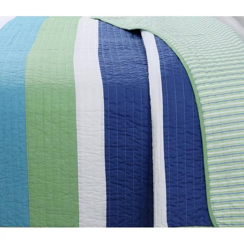 Twin Size Navy Blue/Green/Teal/White Stripe 100-Percent Cotton Quilt Set by HomePacific
