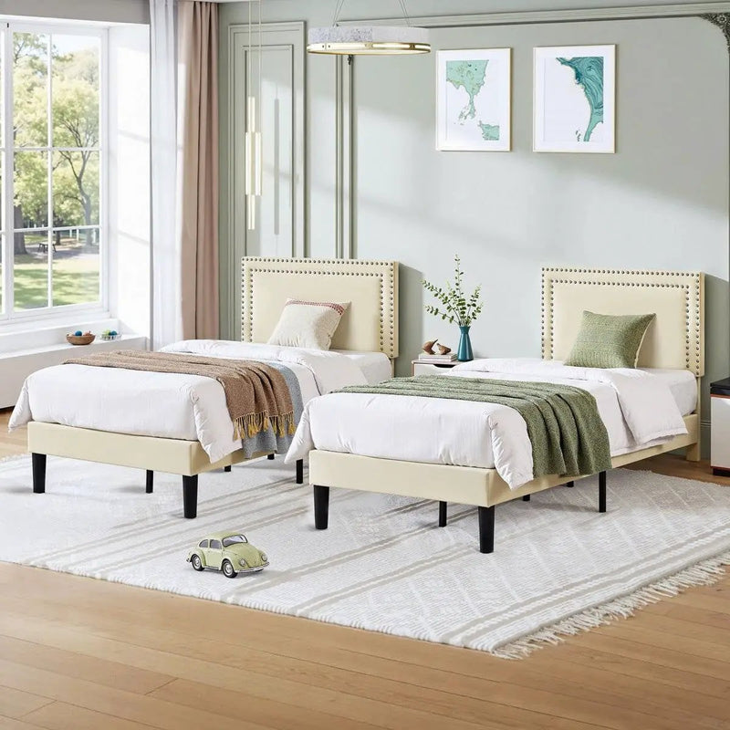 Twin Size - Set of 2 - Dorm Style Beige Tufted Upholstered Platform Beds by HomePacific