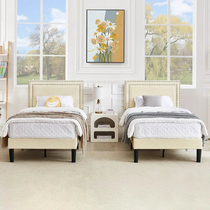 Twin Size - Set of 2 - Dorm Style Beige Tufted Upholstered Platform Beds by HomePacific