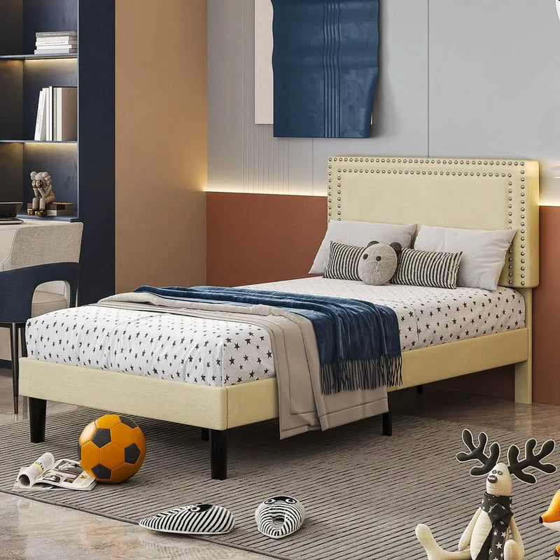 Twin Size - Set of 2 - Dorm Style Beige Tufted Upholstered Platform Beds by HomePacific