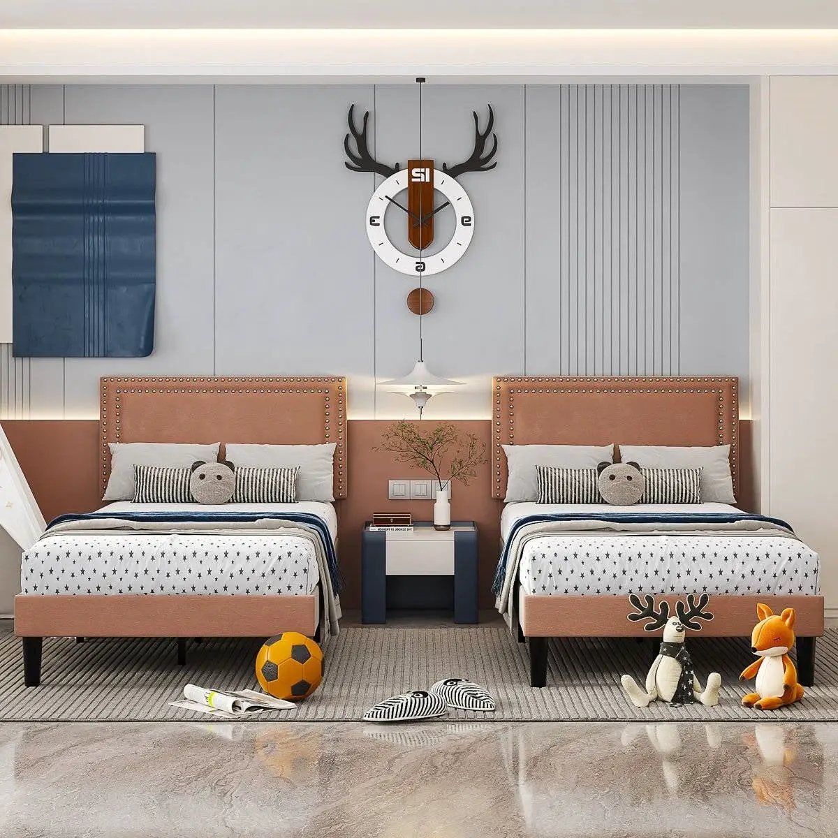 Set of 2 - Twin size Brown Tan Tufted Upholstered Platform Bed with Headboard by HomePacific
