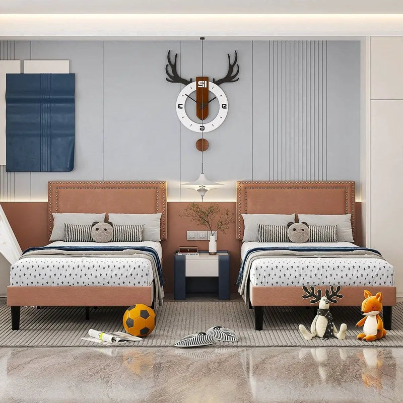 Set of 2 - Twin size Brown Tan Tufted Upholstered Platform Bed with Headboard by HomePacific