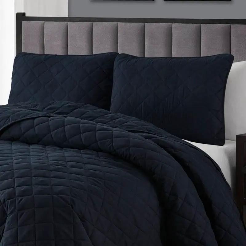 Twin/Twin XL 2-Piece Navy Blue Polyester Microfiber Reversible Diamond Quilt Set by HomePacific