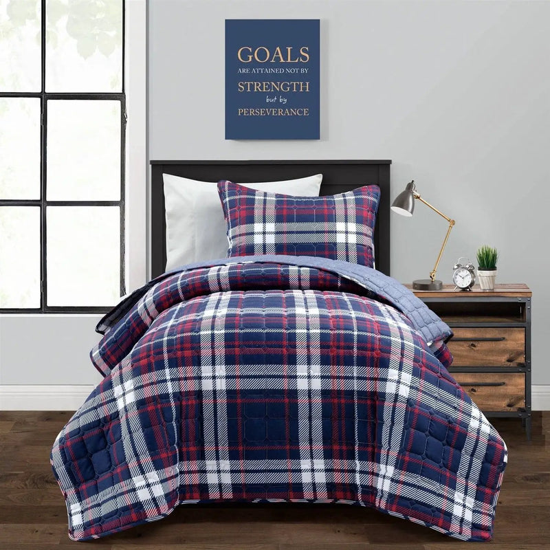 Twin/XL Farmhouse Plaid 2 Piece Lightweight Reversible Quilt Set by HomePacific