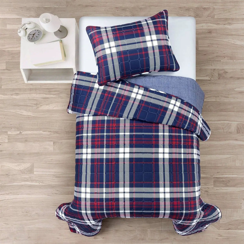 Twin/XL Farmhouse Plaid 2 Piece Lightweight Reversible Quilt Set by HomePacific