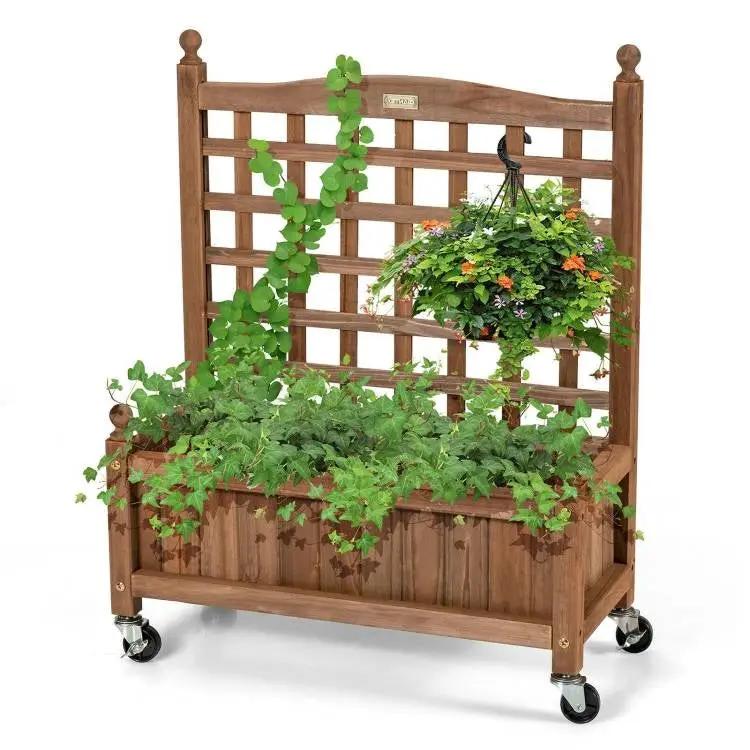 Solid Fir Wood Outdoor Raised Garden Bed Planter Box Cart on Wheels with Trellis by HomePacific