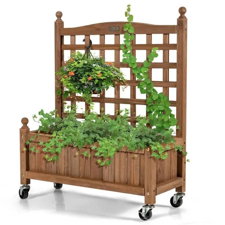 Solid Fir Wood Outdoor Raised Garden Bed Planter Box Cart on Wheels with Trellis by HomePacific