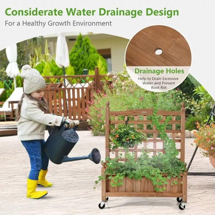 Solid Fir Wood Outdoor Raised Garden Bed Planter Box Cart on Wheels with Trellis by HomePacific