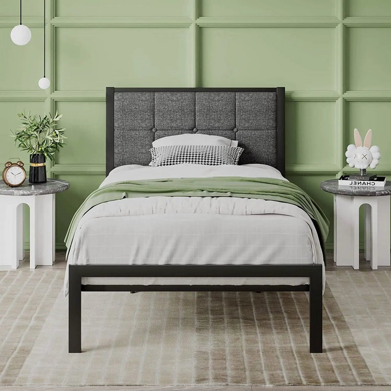 Twin Metal Platform Bed Frame with Gray Button Tufted Upholstered Headboard by HomePacific