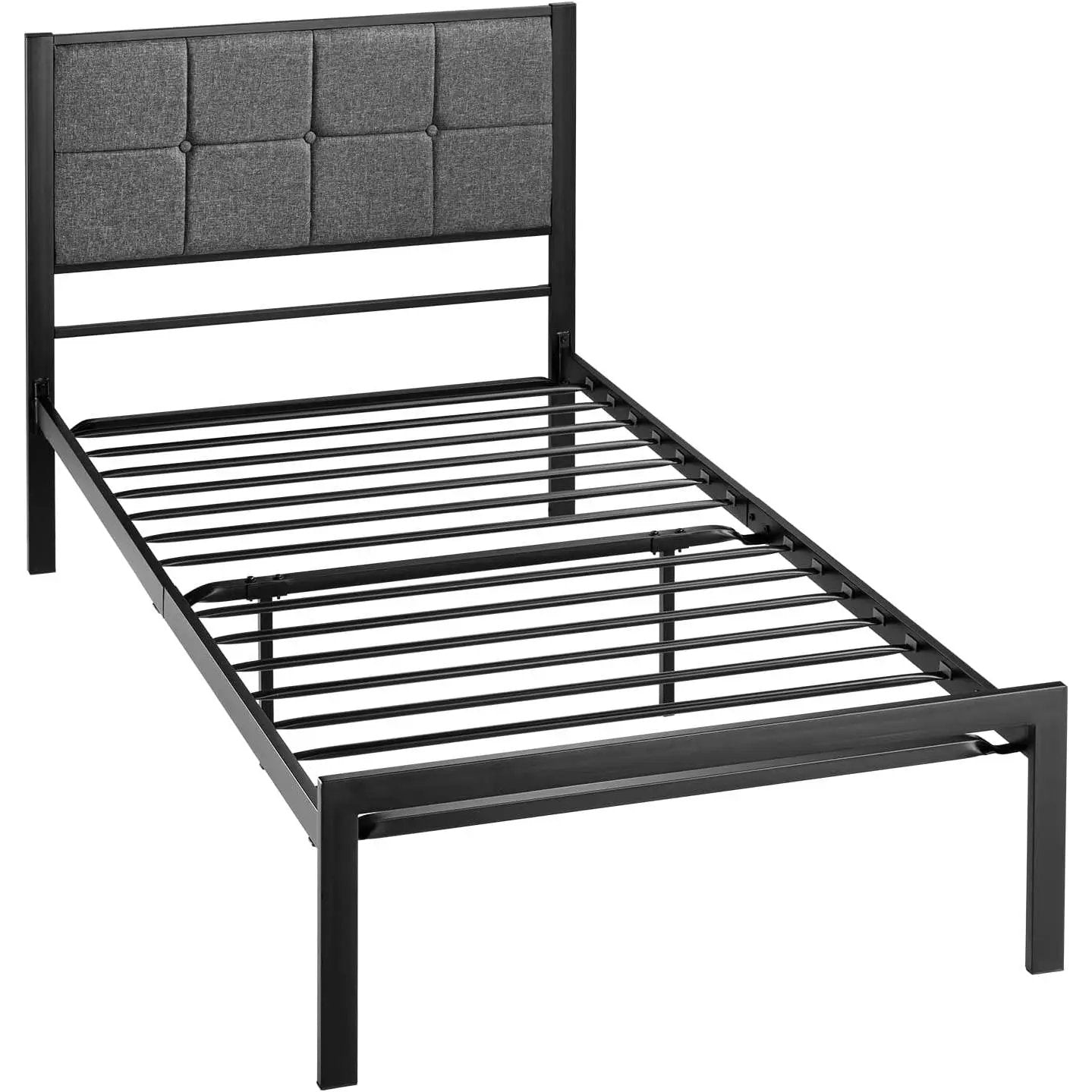 Twin Metal Platform Bed Frame with Gray Button Tufted Upholstered Headboard by HomePacific